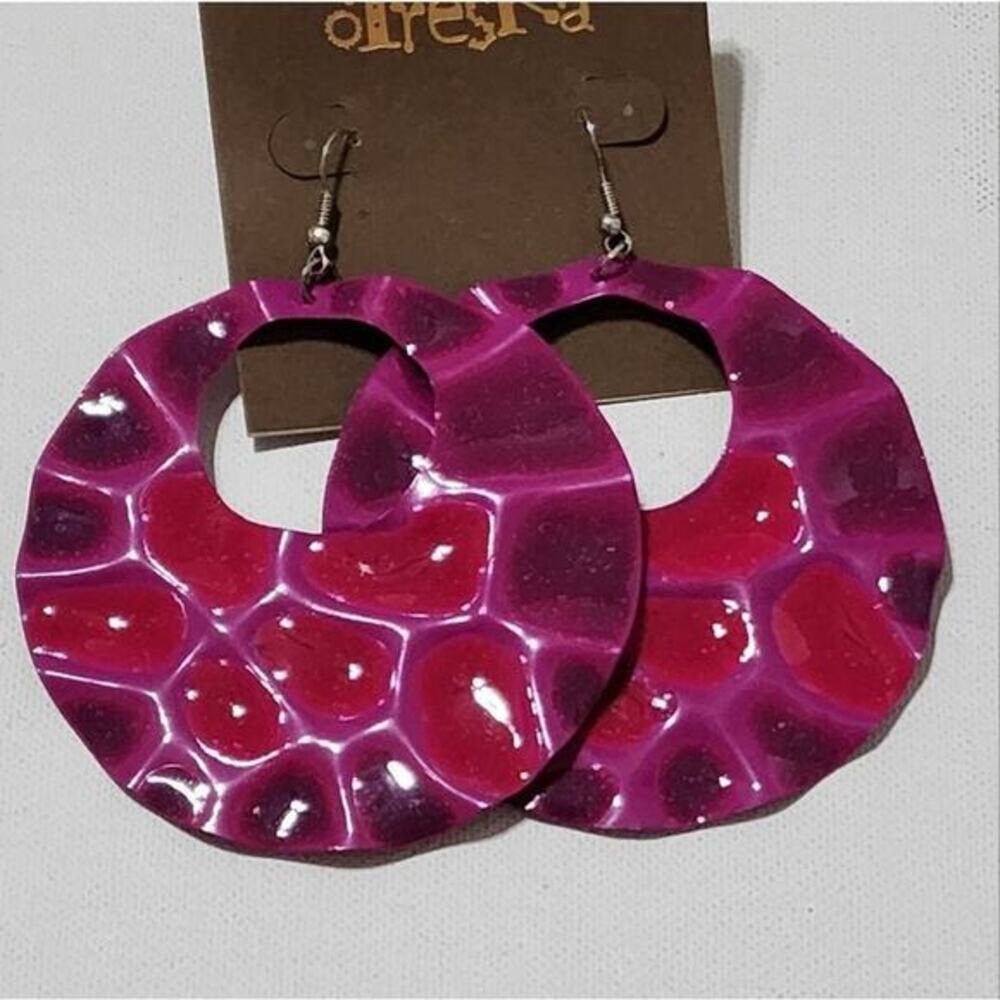Treska Pink Purple Hammered Glossy Statement Drop Earrings French Hook Boho